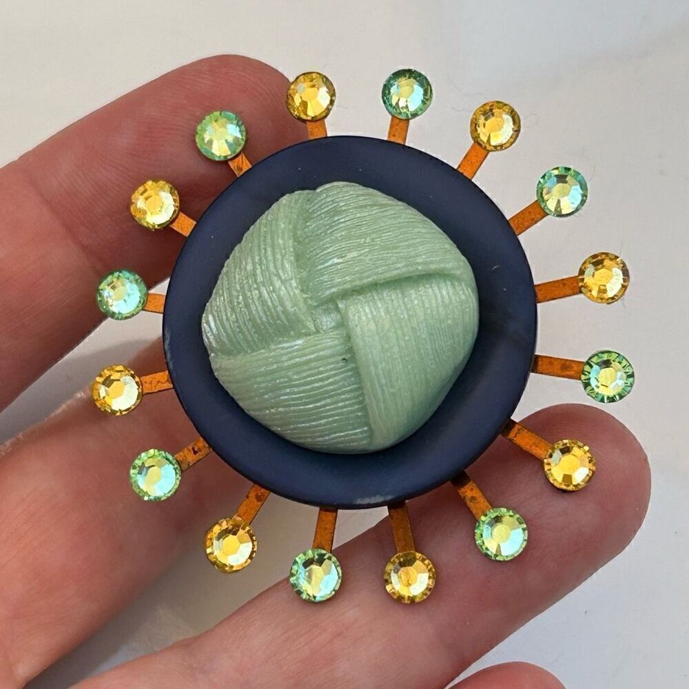 Upcycled Atomic Starburst Refrigerator Magnet Buttons Rhinestones Blue Mint Gree
